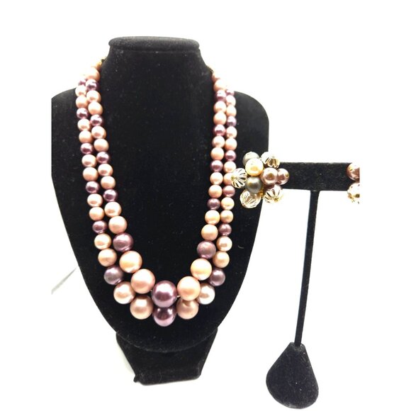 Vintage Japan 2-Strand Graduated Pearl Necklace & Earrings Mauve/Plum Set - Picture 1 of 5
